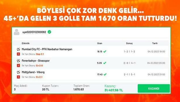 45+3, 45+4 ve 45+9'da gelen goller... Yok böyle iddaa kuponu! 1.670 oranla 31 bin TL kazandı...