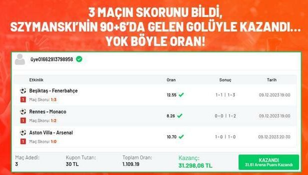 Szymanski 90+6'de attı, 3 maçlık iddaa kuponu ile 1109 oran tutturdu! 31 bin 298 TL kazandı...