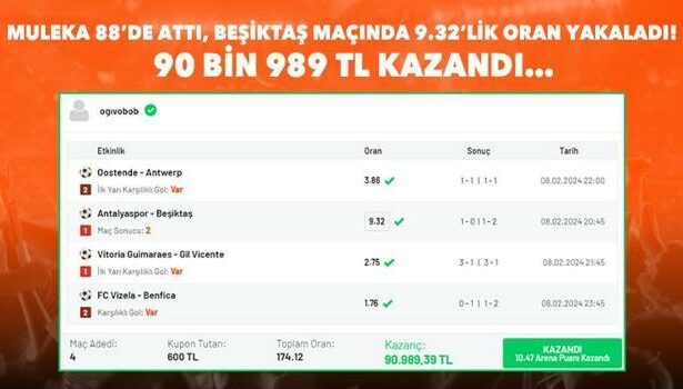 Muleka'nın golleriyle 90 bin 989 TL kazandı! Misli'de Şampiyon Oran'la enfes iddaa kuponu yakaladı...