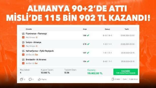 Almanya 90+2'de 1 puan aldı, Misli'de oynadığı iddaa kuponu ile 115 bin 902 TL kazandı