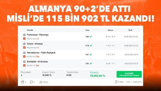 Almanya 90+2'de 1 puan aldı, Misli'de oynadığı iddaa kuponu ile 115 bin 902 TL kazandı