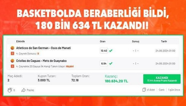 Basketbol maçlarına iddaa oynadı, son çeyrekte beraberliği bildi! 180 bin 634 TL kazandı...